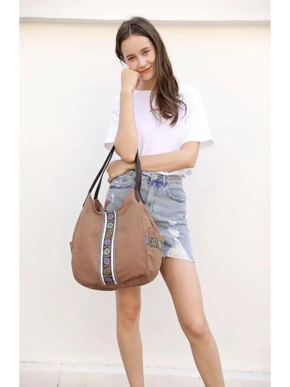 Stylish Women’s Canvas Hobo Tote Bag - Multi Pocket, Embroidered Shoulder